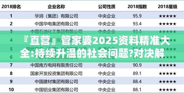 『直营』管家婆2025资料精准大全:持续升温的社会问题?对决解释落实