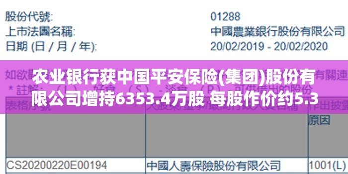 农业银行获中国平安保险(集团)股份有限公司增持6353.4万股 每股作价约5.31港元