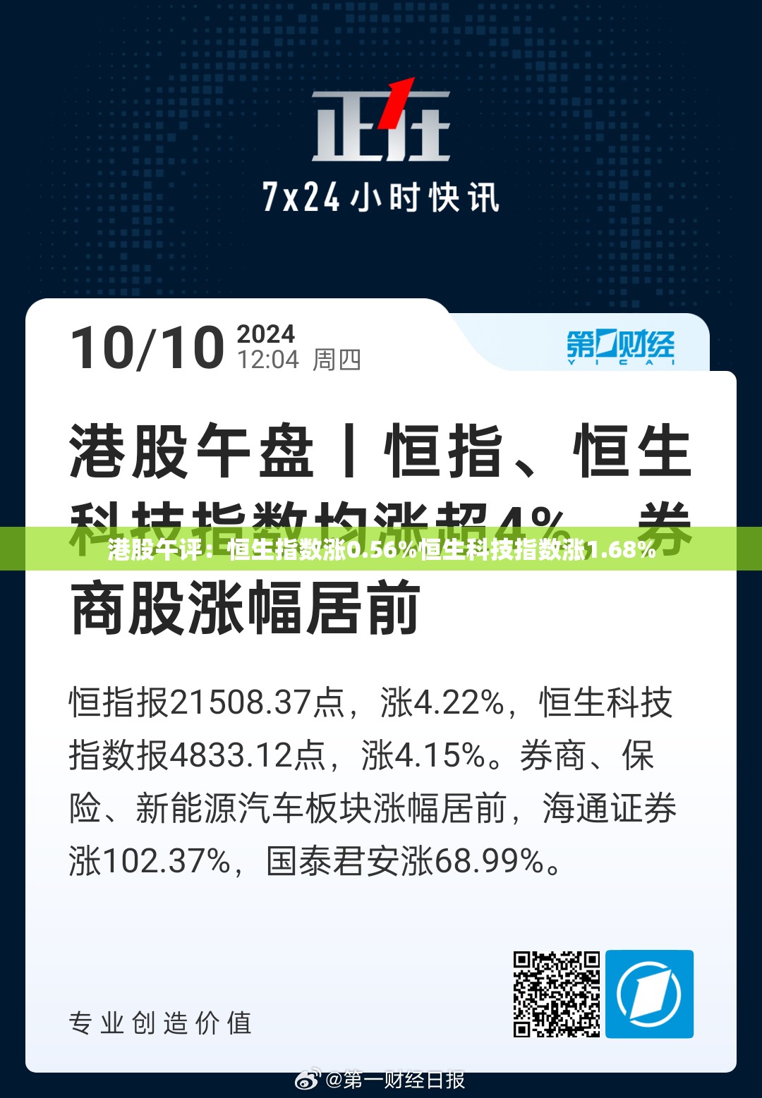 港股午评：恒生指数涨0.56%恒生科技指数涨1.68%