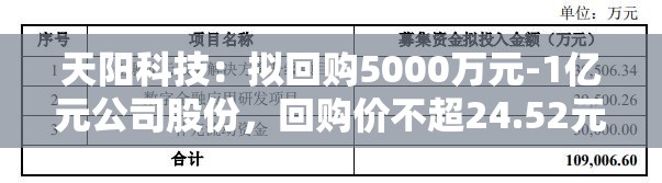 天阳科技：拟回购5000万元-1亿元公司股份，回购价不超24.52元/股